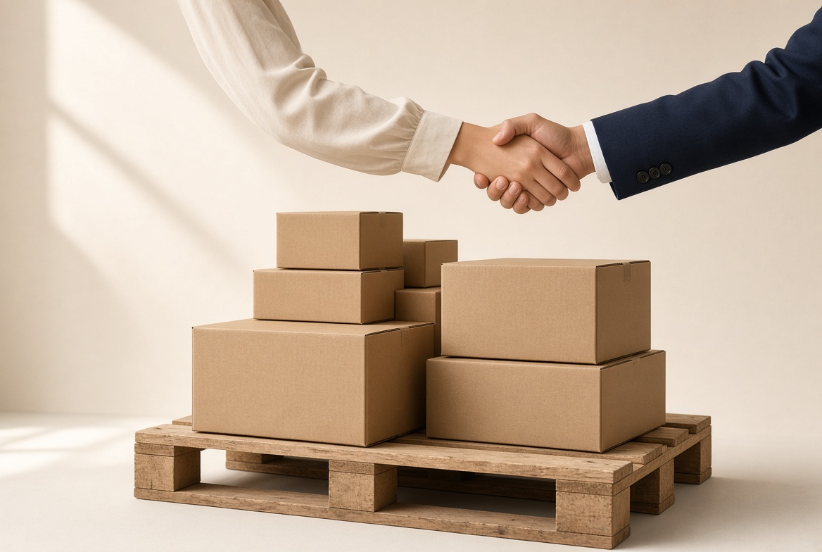 Handshake above shipping boxes